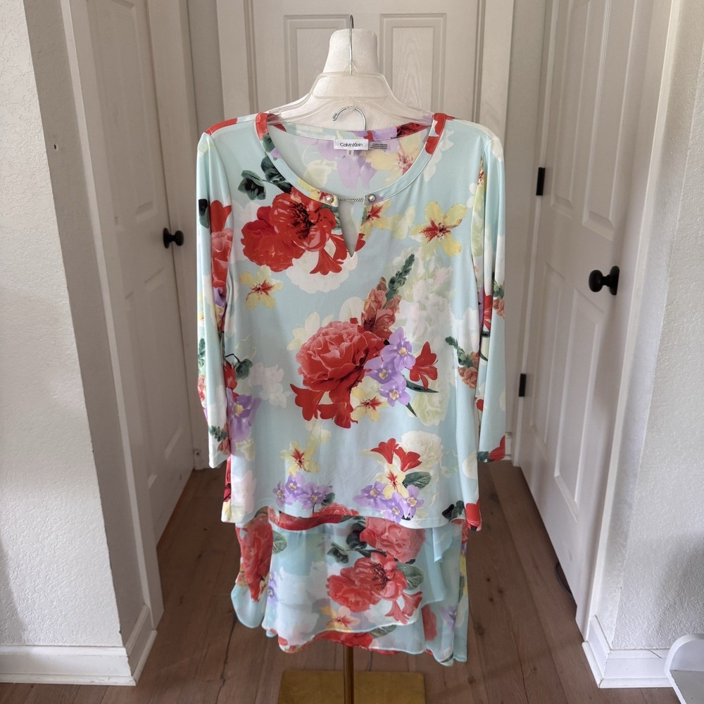 CALVIN KLEIN 2pc Floral Blouse Chiffon Matching Skirt Set Sz M Dressy Y2k